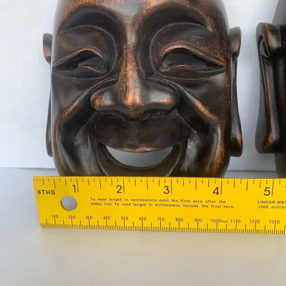 Vintage Mid Century Carved Wood Buddha Masks Wall Art